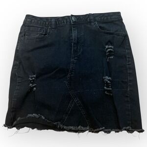 YMI Distressed Denim‎ Jean Mini Skirt Black Wash Mid Rise Juniors Size 9 Y2K